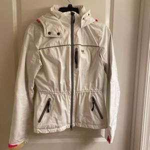 Women/junior white jacket Hooded Down Parka, pink details, medium size.